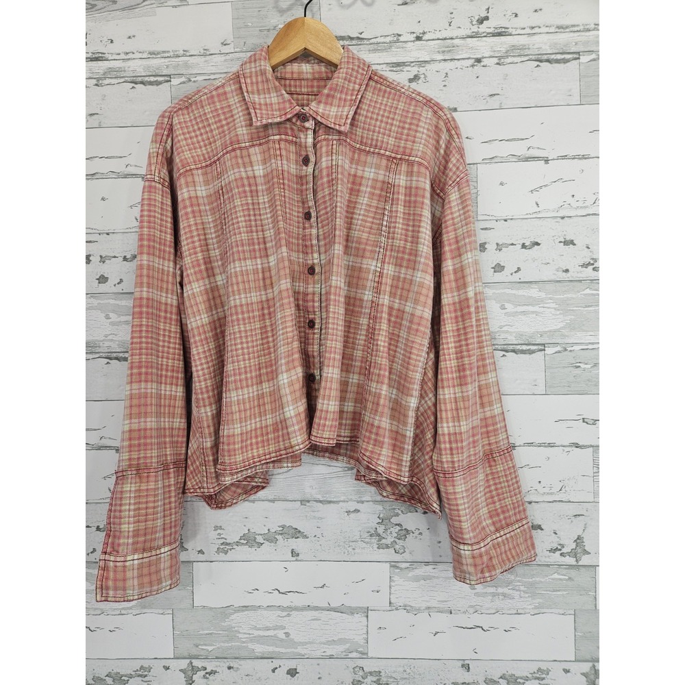 Free People Womens Small Remade Plaid Shirt Slouchy Fit Pink
